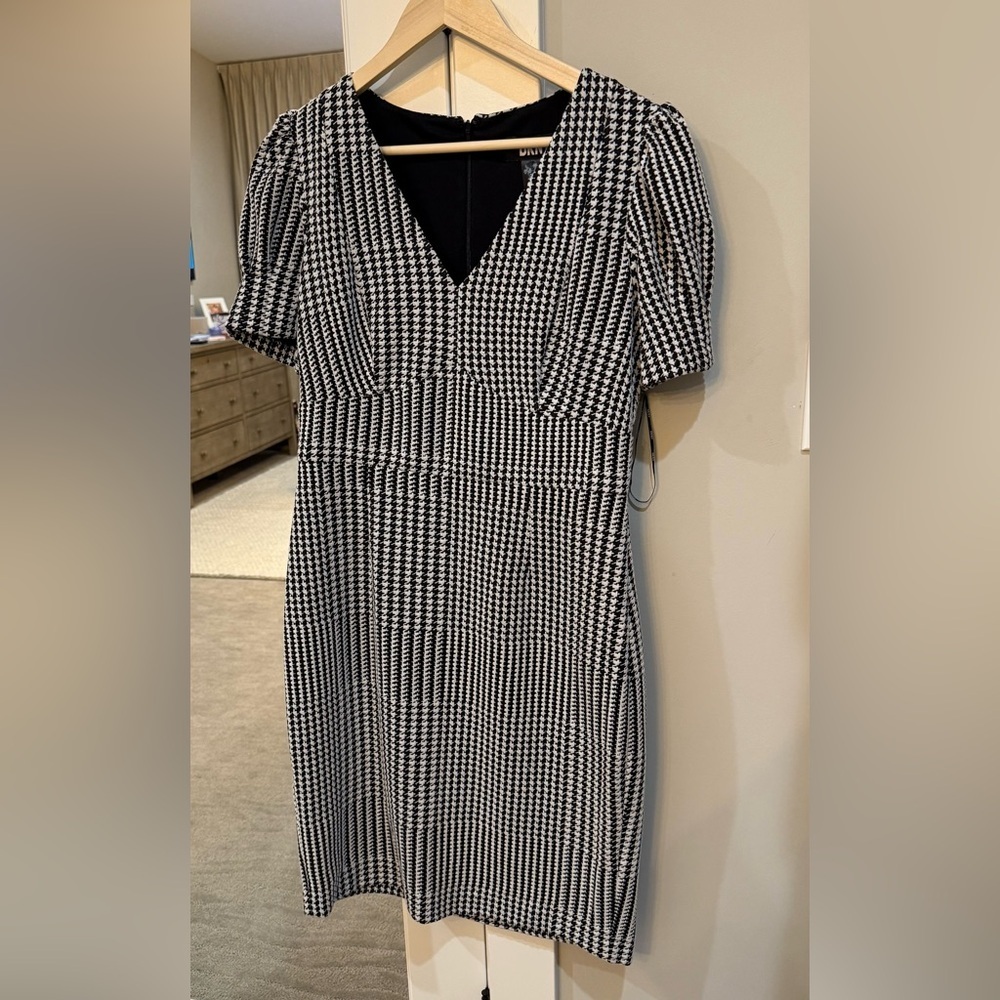 DKNY Black and White Houndstooth Puff Sleeve Dress NWT Size 10
